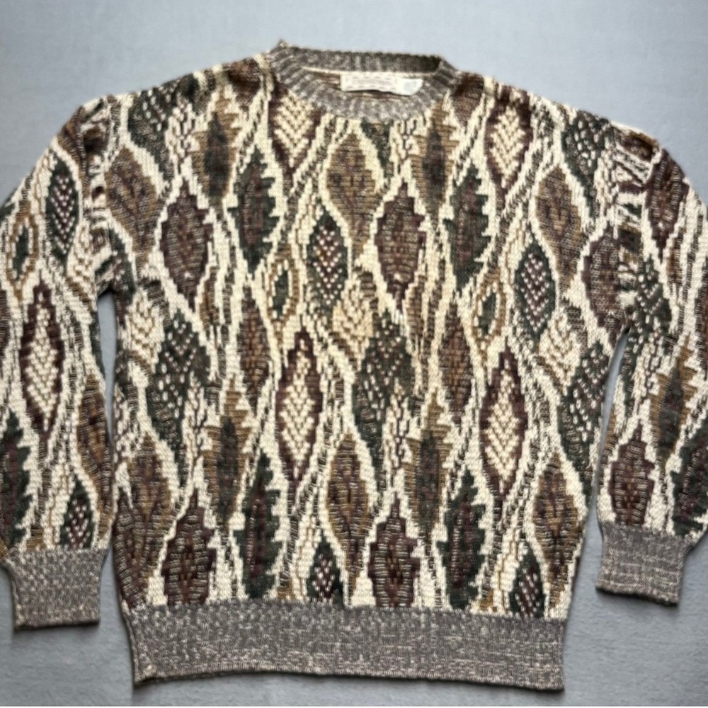 VTG Coogi‎  Style 3D knit fisherman Cotton Sweater Leaf Pattern Earth tone Art